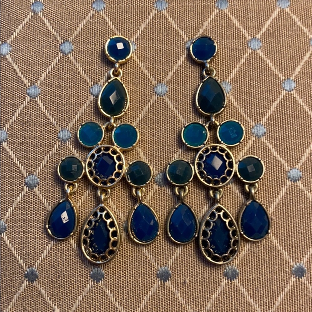 Blue Stone Gold Tone Chandelier Earrings